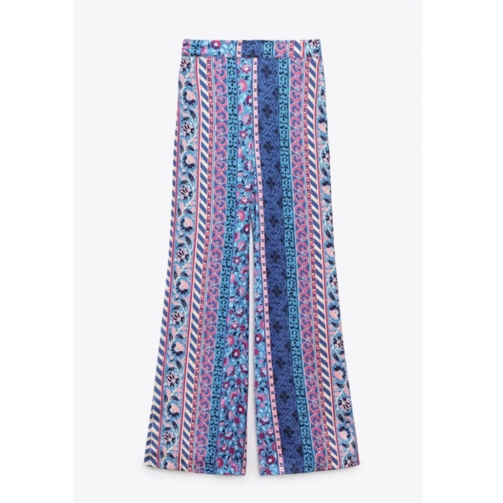 Zara Blue & Pink Striped Floral Wide-Leg Pants
